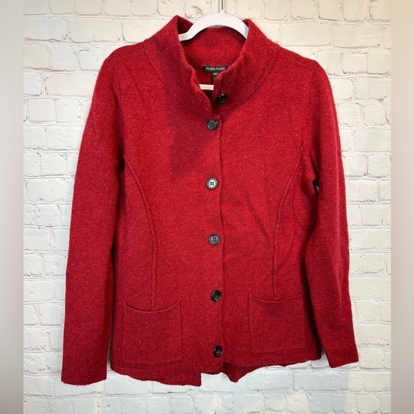 Eileen Fisher Dark Red Felted Wool Jacket Cardigan Sweater‎ Sz M, GUC - Picture 1 of 6